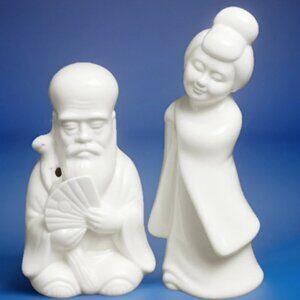 Vintage Benihana Tiki Mugs Pair Shogun & Geisha White Porcelain China 1970s